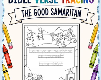 The Parable of the Good Samaritan Bible Verse Tracing Coloring Page | Christian Handwriting Practice | Scripture Memory Activity | Jesus