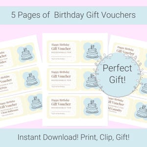 Peut inclure: Des bons cadeaux d'anniversaire imprimables. Les bons présentent une illustration de gâteau et le texte "Happy Birthday Gift Voucher". L'image comprend également le texte "5 Pages of Birthday Gift Vouchers" et "Instant Download! Print, Clip, Gift!"