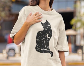 Astrology Cat Oversized T-Shirt, Zodiac Tee, Cat Lover Gift, Black and White Shirt, Unisex Clothing, Horoscope Apparel