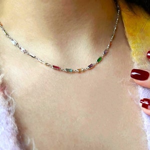 925 Sterling Silver Gemstone Necklace,Colorful Necklace,Baguette Multicolor Diamond Crystal Necklace Dainty Necklace,Unisex Diamond Choker