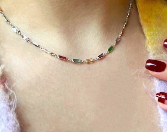 925 Sterling Silver Gemstone Necklace,Colorful Necklace,Baguette Multicolor Diamond Crystal Necklace Dainty Necklace,Unisex Diamond Choker