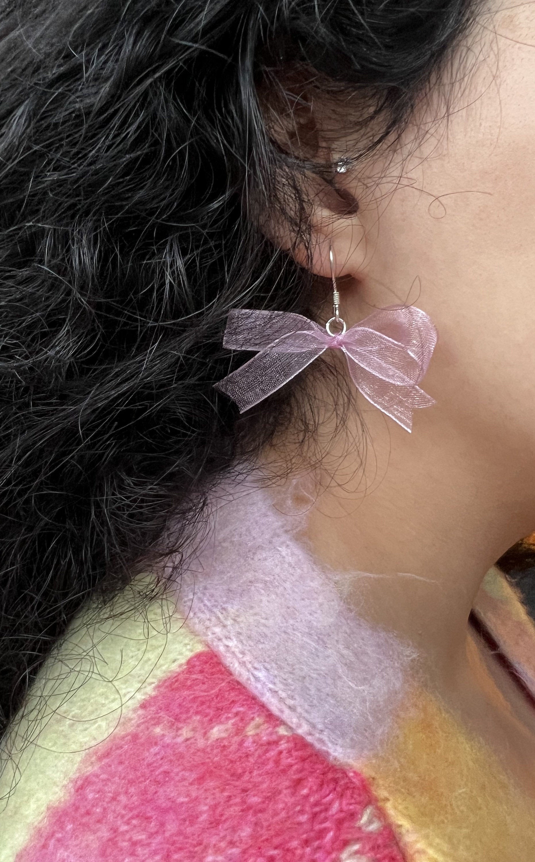 Silver Ribbon Bow Earrings,bow Earrings ,pink Ribbon Earrings ,cute Bow ...