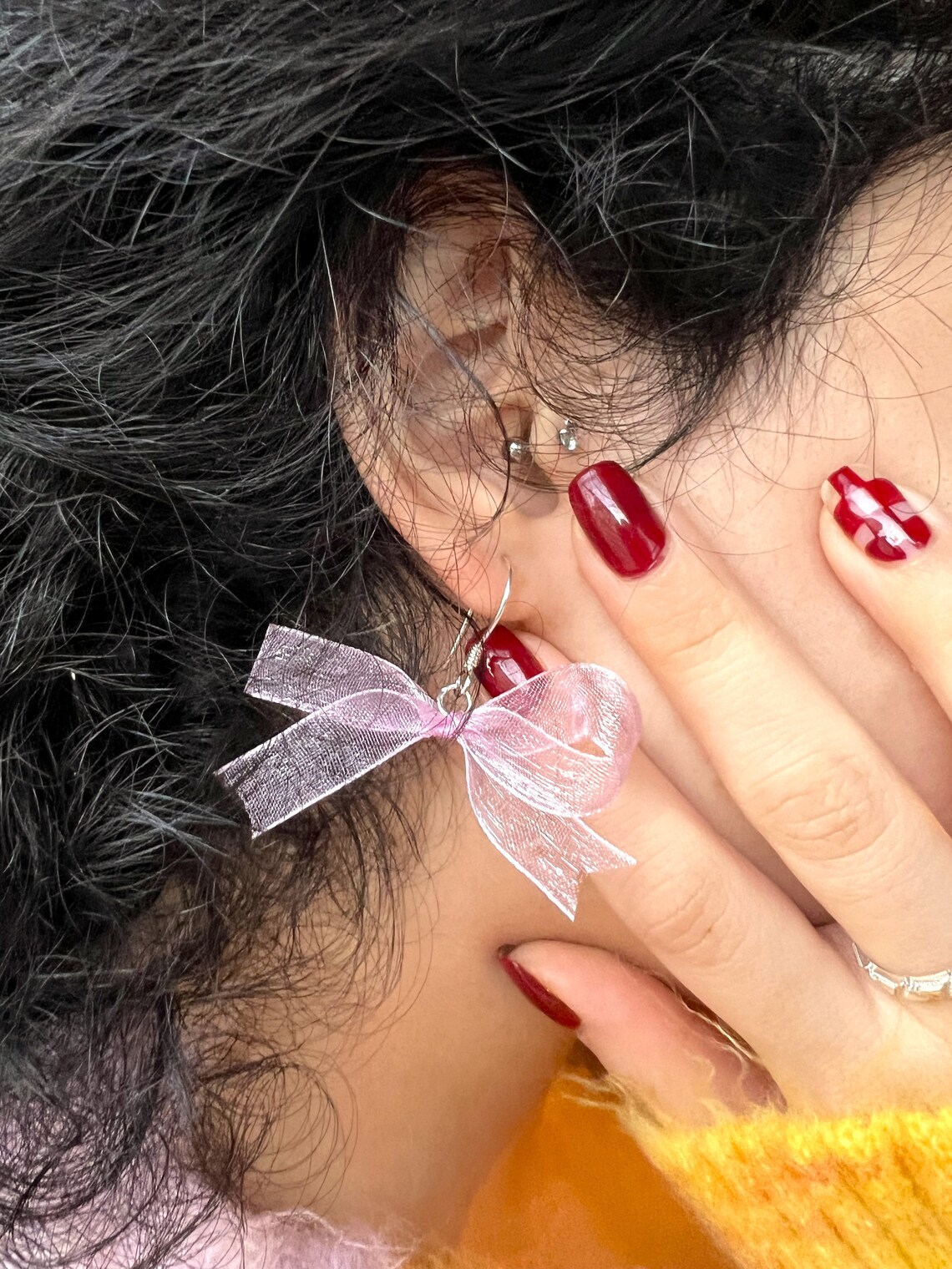 Silver Ribbon Bow Earrings,bow Earrings ,pink Ribbon Earrings ,cute Bow