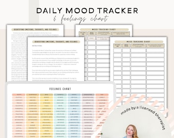 Rastreador diario de estado de ánimo Imprimible Rastreador de emociones y diario de sentimientos Diario de estado de ánimo Autorreflexión para ansiedad, depresión, diario de estrés