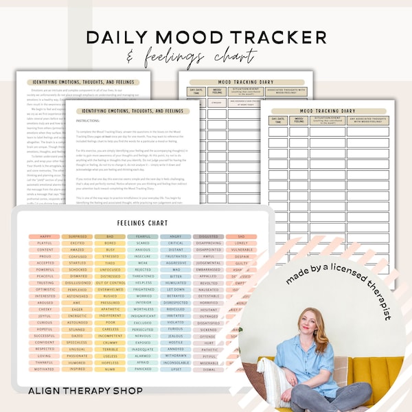 Daily Mood Tracker Printable Emotion tracker and feelings journal mood diary self reflection for anxiety depression stress journal