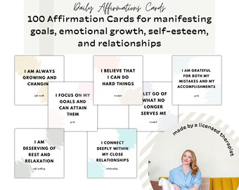 Tarjetas de afirmación Afirmación diaria Citas positivas Hoja de trabajo de terapia Herramienta de asesoramiento Ejercicio de amor propio Citas de ansiedad Tarjeta de depresión