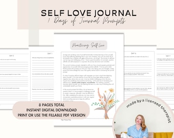 Diario de amor propio, práctica de gratitud, hoja de trabajo de terapia para la autoestima, autocompasión, salud mental imprimible