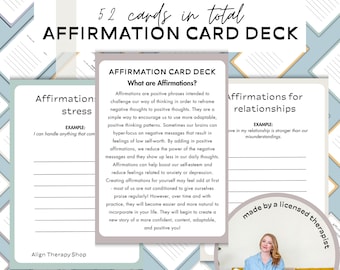 Tarjeta de terapia de afirmaciones Crecimiento personal Ansiedad Ejercicio Depresión Hoja de trabajo Configuración de objetivos Descarga digital Impresión instantánea