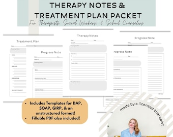 Notas de progreso del terapeuta y plantilla de plan de tratamiento para terapeutas Consejeros Trabajadores sociales Nota de sesión de salud mental, DAP, GIRP, SOAP