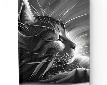 Puede incluir: Un diario en blanco y negro con una ilustración detallada de un gato. El gato se representa de perfil con los ojos cerrados, y la obra de arte tiene un efecto suave y brillante. La cubierta es rectangular y parece estar hecha de un material mate.