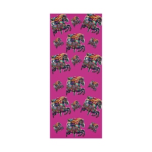 May include: A rectangular textile featuring a repeating pattern of carousel horses in various sizes. The horses have colourful manes and decorative details, set against a vibrant magenta background. The design is symmetrical and eye-catching.