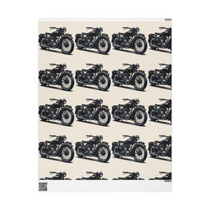 May include: A repeating pattern of black vintage motorcycles on a cream-colored background. The motorcycles are detailed with visible engine components, wheels, and handlebars. The design is a repeating pattern, creating a visually engaging and thematic print.