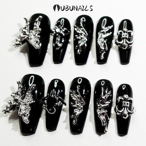Gothic Black Press On Nails: Silver Butterfly Punk False Nails
