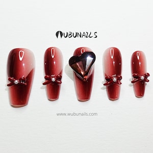 Cute Press on Nails with Red and White Fade French Tips for Birthday Party, Handmade Ballerina Fake Nails with Heart and bow tie for Prom