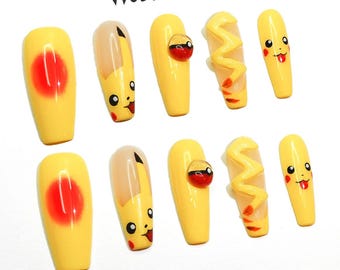Handmade Pikachu 3D Press On Nails, Poke Ball False Nails