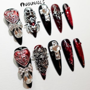 Gothic Black Red Press On Nails - Extra Long Stiletto, Skulls & Crosses