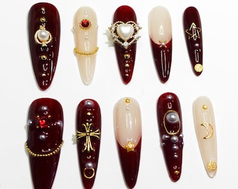 Gothic 3D Press On Nails: Handmade Custom Dark Witch Red and Gold French Tips