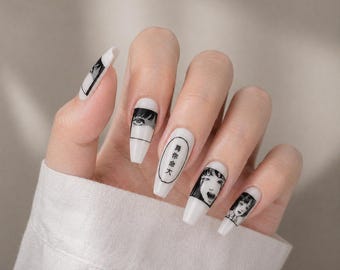 Tomie Manga Press On Nails | Handmade Matte White Comic False Nails