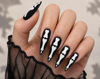 Halloween Press On Nails | Faux ongles noirs squelette extra longs amande, peints à la main, finition mate