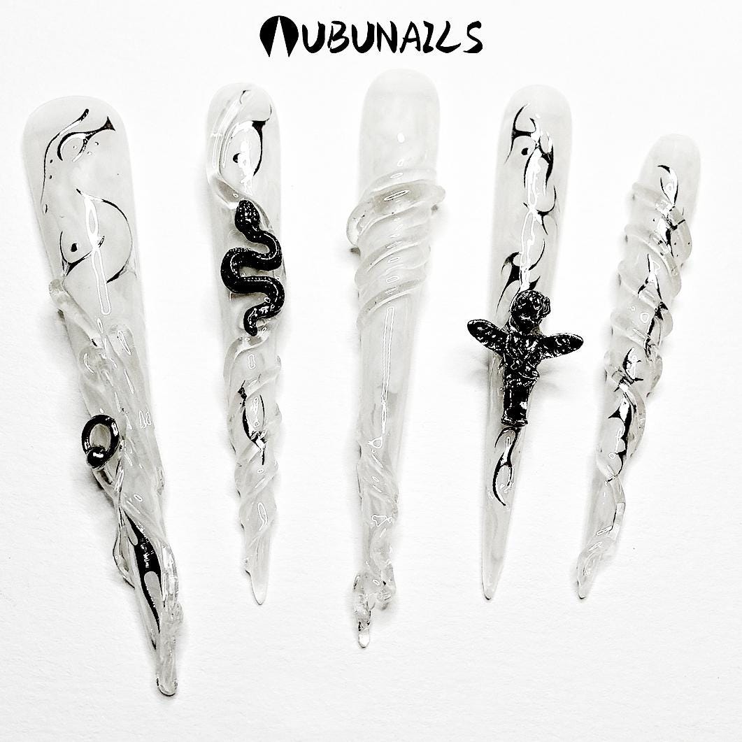 Gothic Snake Press On Nails: 3D Punk Extra Long Stiletto Fake Nails