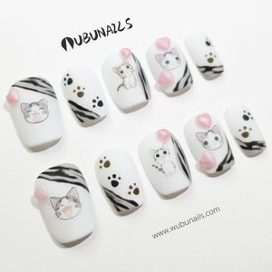 Cute Cat Matte Press on Nails with 3D Hearts, Handmade Japanese Manga Chi's Sweet Home Fake Nail for Birthday Party, Kitten False Nails