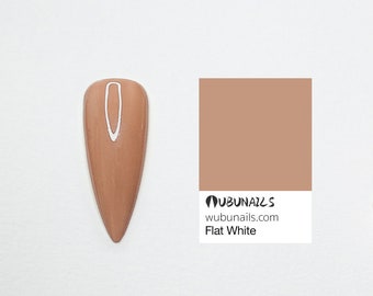 May include: A single, almond-shaped nail with a light brown color and a white, curved design. Next to the nail is a color swatch with the text "Flat White" and the website "wubunails.com".