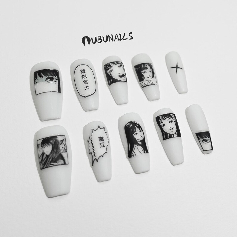 handmade matte press-on nails with a gothic Halloween theme. Each nail features black and white manga illustrations inspired by Junji Ito's Tomie, printed in comic panel style. Nails are sharp coffin shape, with high contrast matte finish and eerie graphic details. Ideal for cosplay, horror-themed birthday party, Halloween costumes or comic conventions. Customizable design by wubunails for gothic lovers. A perfect glue-on faux acrylic nail set for fans of Japanese horror and manga.