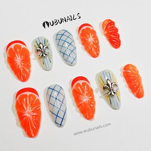 Citrus Press on Nails with 3D Orange for Birthday Party, Handmade Italian style Fake Nails with Citrus accents Summer