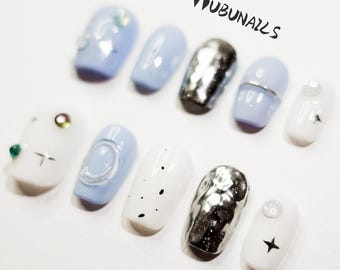Handmade Kawaii Press On Nails: 3D Gel, Light Blue & Silver