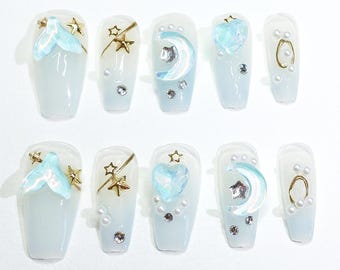 Blue Mermay Press On Nails – Uñas Postizas Hechas a Mano Kawaii de Verano para Cosplay, Transparentes y Reutilizables