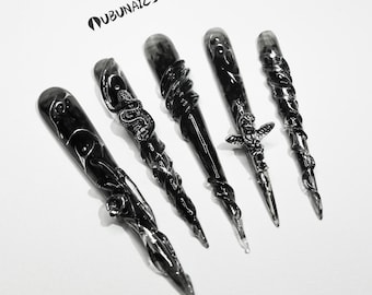 Gothic Press On Nails: 3D Black Snake Extra Long Stiletto Fake Nails