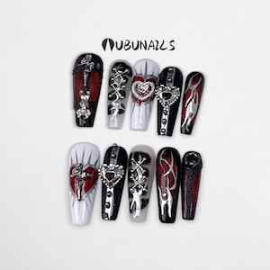 Handmade Gothic 3D Press On Nails: Black & White Punk Cosplay