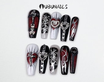 Handmade Gothic 3D Press On Nails: Black & White Punk Cosplay