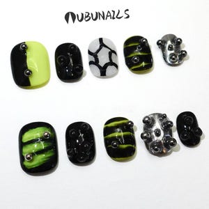Handmade Gothic Press On Nails: Custom Neon Silver Black False Nails
