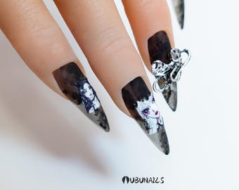 Manga Press On Nails: Smoky Grey Gothic Anime, Handmade Halloween False Nails