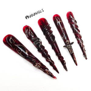 Gothic Snake Press On Nails: Handmade Custom Red Punk Extra Long Stiletto Halloween Nails