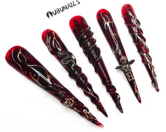 Gothic Snake Press On Nails: Handmade Custom Red Punk Extra Long Stiletto Halloween Nails