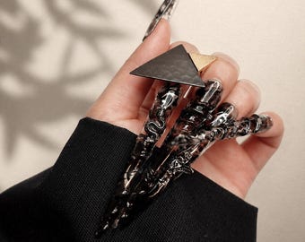 Gothic Press On Nails | Black Silver Stiletto XXXL Long 3D Rivet Nails