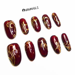 Gothic Press On Nails: Handmade Custom Dark Red Golden Embossed Baroque Design