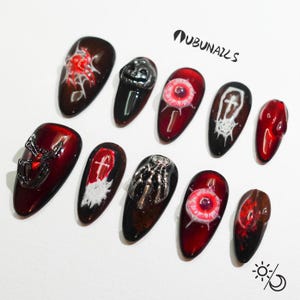 Gothic Glow in the Dark Press On Nails: Handmade Custom Halloween Spider Eye False Nails