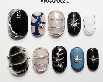 3D Cyber Press On Nails: Silver Black White Aurora Gothic Punk