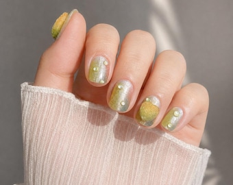 Y2K Press on Nails | Jelly Gradient Green Orange Heart 3D Chrome Short Nails