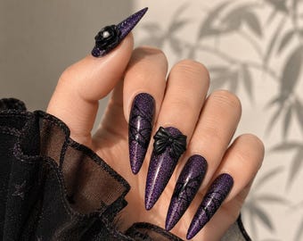 Purple Glitter Press On Nails | Gothic Coquette Bow Rose Custom Fake Nails