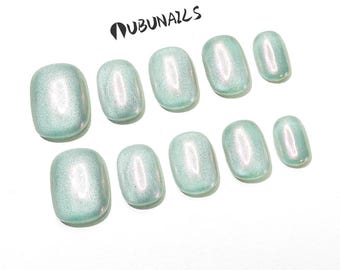 Handmade Mint Green Press On Nails: Holographic False Nails, Custom Length