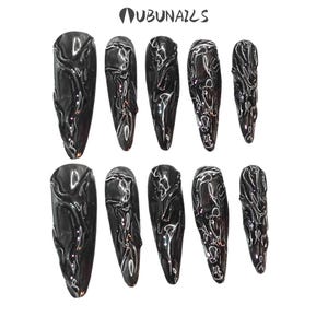 3D Gothic Press On Nails: Handmade custom Transparent Black Halloween Fake Nails