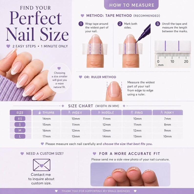 press on nails size guide, how to measure nail width with tape method step by step, nail sizing chart in mm for thumb index middle ring pinky, find your perfect nail size at home, easy beginner friendly instructions for accurate press on nails fit，nail curvature reference side view, how to check nail arch for custom press on nails, natural nail curve example close up, send nail curvature photo for better fit, guide for accurate custom nail sizing and comfortable long lasting wear, wubunails
