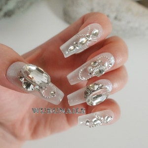 Bridal Press On Nails: Handmade Rhinestone Extra Long White Fake Nails