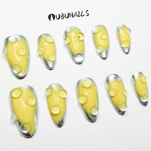 Handmade Y2K Press On Nails: Custom Abstract 3D Silver Almond False Nails