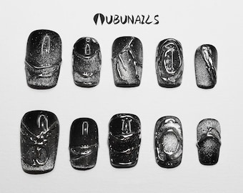 Gothic press-on nagels – 3D zilver-zwart voor Halloweenfeest, handgemaakte artigianale op maat gemaakte punk dark witch nep nagels