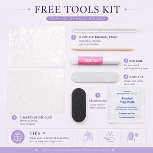 press on nails kit tools included, nail glue gel tabs nail file cuticle stick alcohol prep pad, manicure set for easy application at home, everything you need for long lasting press on nails, beginner friendly nail kit accessories, wubunails